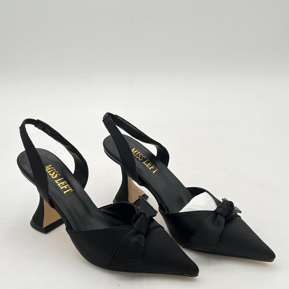 Miss Left Black Pointed Toe Slingback Pumps Bowknots Slip On Backstrap Sandals - Picture 4 of 8